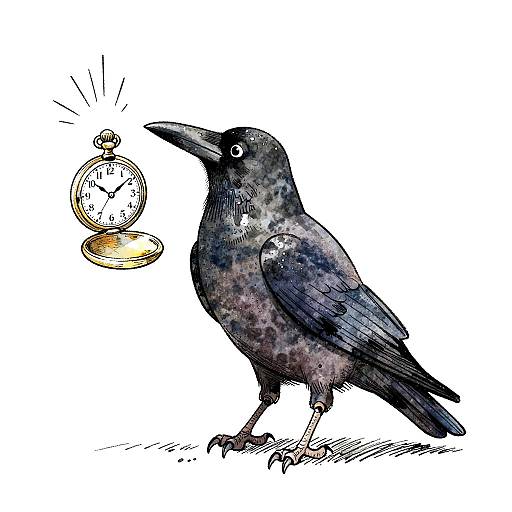 Whimsical Crow with Pocket Watch