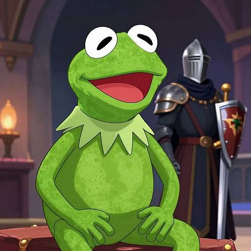 Digital cartoon of a green frog with large white eyes and a wide red mouth, sitting on a red cushion in front of a medieval knight in armor and