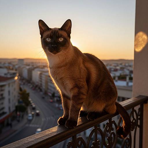 Photograph of a Siamese cat with striking blue eyes, sitting on a balcony railing at sunset, cityscape in the background.