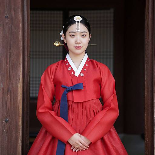 Korean Woman in Traditional Red Dress