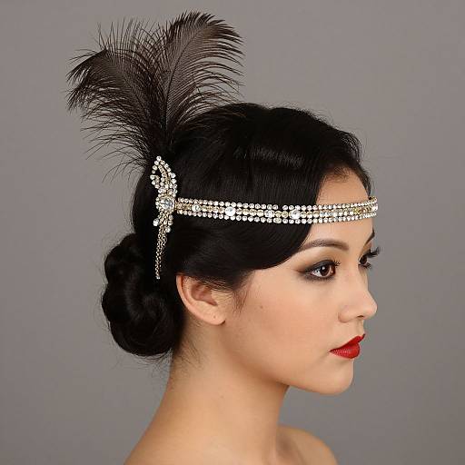 Photograph of a fair-skinned woman with black hair in an updo, wearing a sparkling headband with a black feather, red lipstick, and
