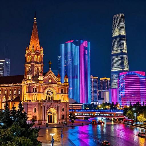 Vibrant night photograph of a neon-lit cityscape featuring a historic church with golden lights, colorful skyscrapers, and reflective river.
