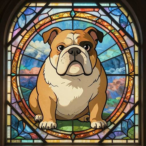Stained glass artwork of a determined, tan and white bulldog with a serious expression, surrounded by colorful, cloud-filled sky background.