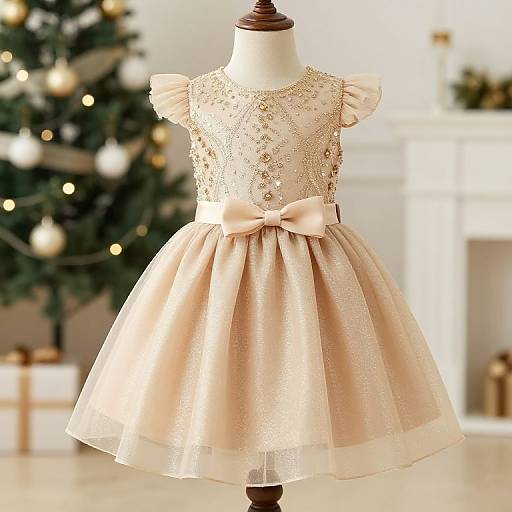 Girls Beige Gold Glitter Holiday Dress