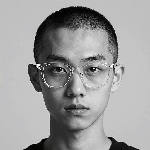 Black-and-white portrait of a young Asian man with short hair, clear glasses, and neutral expression, against a plain background.