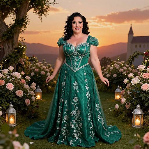 Photograph of a curvy, dark-haired woman in a green, floral-embroidered ball gown, standing in a twilight garden with lanterns