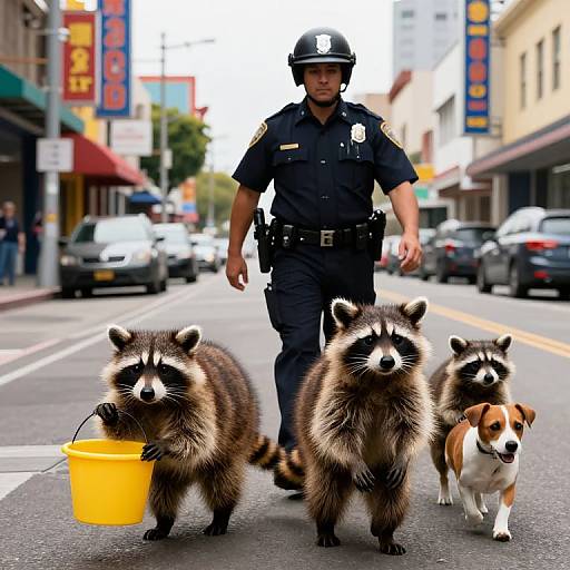 LA Officer and Raccoons on Street