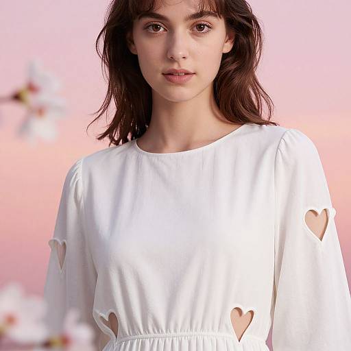 Photograph of a young woman with fair skin, brown wavy hair, and brown eyes, wearing a white long-sleeve top with heart-shaped