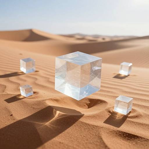 Photograph of four transparent, faceted glass cubes resting on golden sand dunes under bright sunlight, casting sharp shadows.
