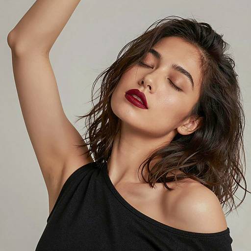 Woman with Dark Red Lipstick and Black Off-Shoulder Top