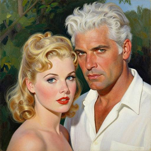 Digital painting of a blonde woman with red lipstick and blue eyes, next to a white-haired man in a white shirt, against a dark forest background.