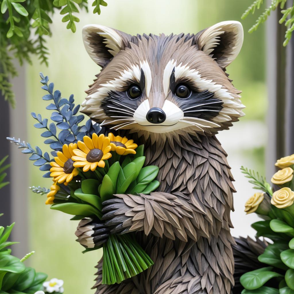 Mischievous Raccoon with a Bouquet