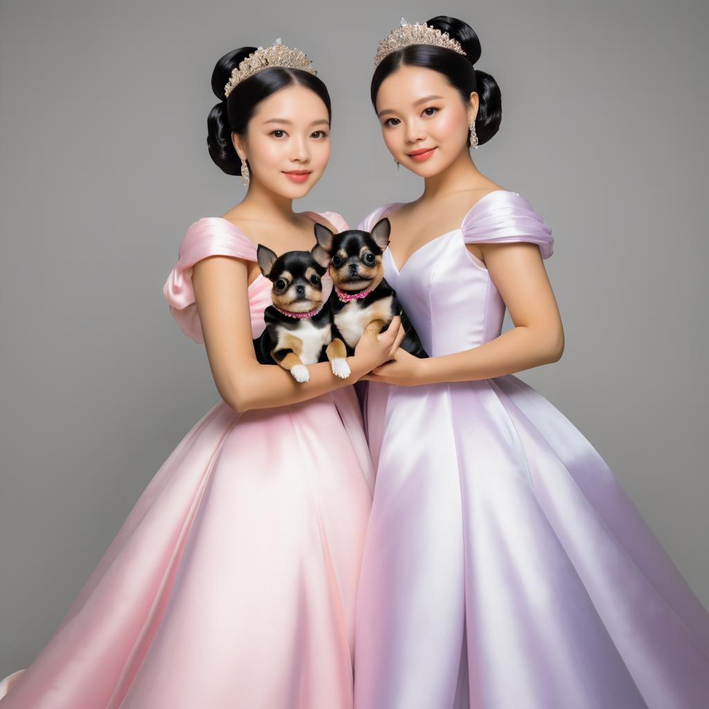 Elegant Sisters Embracing with a Dog