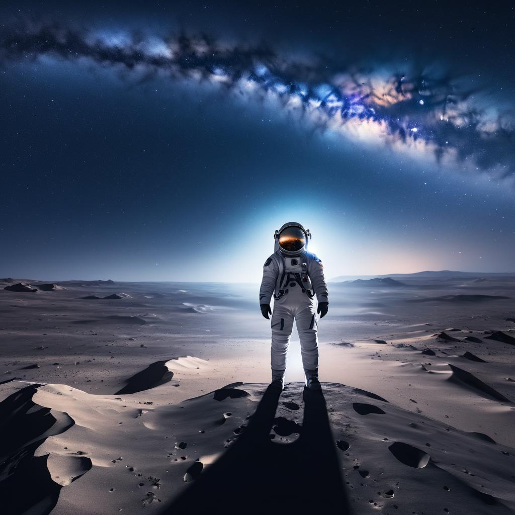 Astronaut Overlooking Starry Barren Landscape