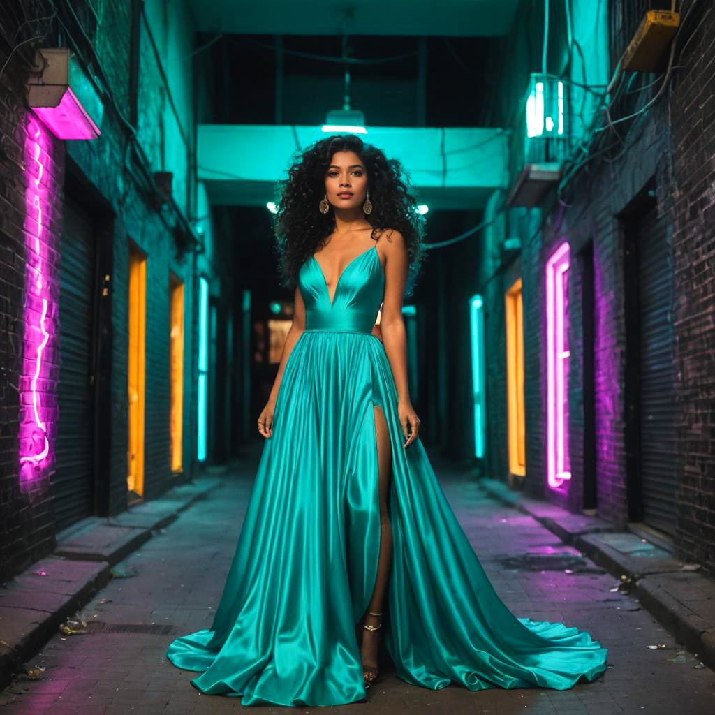 Regal Woman in Neon Alleyway