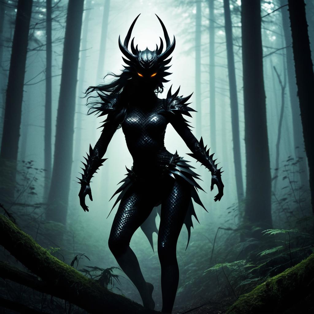 Seductive Creature in Eerie Forest Shadows