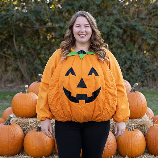 Photograph of a smiling young woman with long brown hair, wearing an orange pumpkin shirt with a black jack-o'-lantern face, standing in front