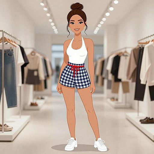 Digital drawing of a smiling woman with a bun, white tank top, blue and white plaid shorts, red bow, white sneakers, standing in a