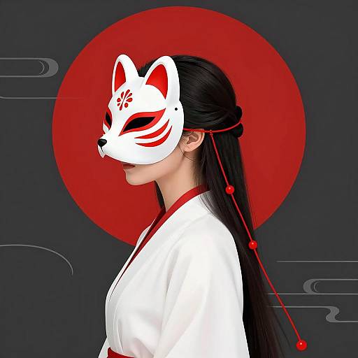 Person Wearing White Fox Mask and Traditional Robe