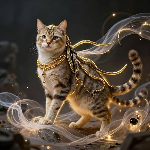 Digital illustration of a regal tabby cat adorned with golden beaded jewelry, standing amidst swirling ethereal lights, in a dark, mystical background.