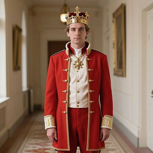 Photograph of a young man wearing a gold crown, red and gold royal coat, white shirt, and red pants, standing in a grand, white