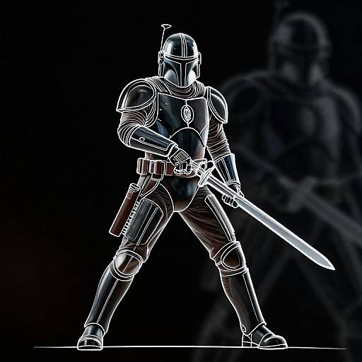 Digital white-line drawing of a knight in armor, wielding a sword, standing in a ready stance against a black background.