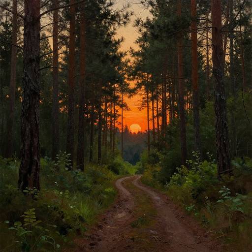 Photograph of a dirt path winding through a dense pine forest at sunset, with tall trees framing an orange and yellow sky.