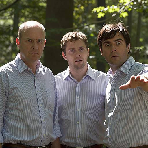Three Men in Striped Shirts in Forest