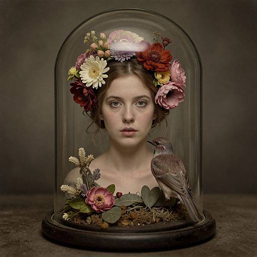 Photograph of a pale-skinned woman with blue eyes, wearing a floral crown, under a glass dome with a bird and flowers. Dark, mo