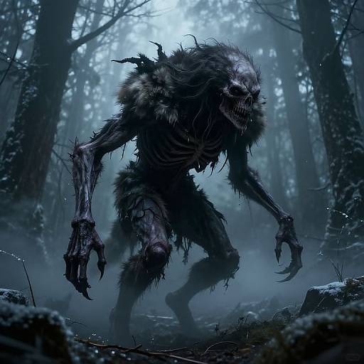 Digital artwork of a terrifying, skeletal werewolf with dark fur, sharp claws, and a monstrous face in a foggy, moonlit forest.