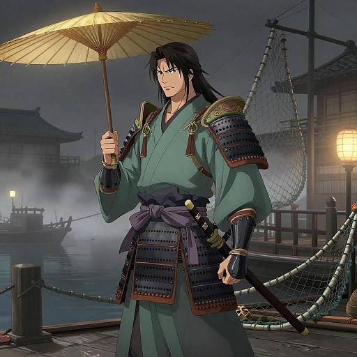 Digital anime-style illustration of a stern samurai with black hair, holding a paper umbrella, wearing green armor with black accents, standing on a foggy