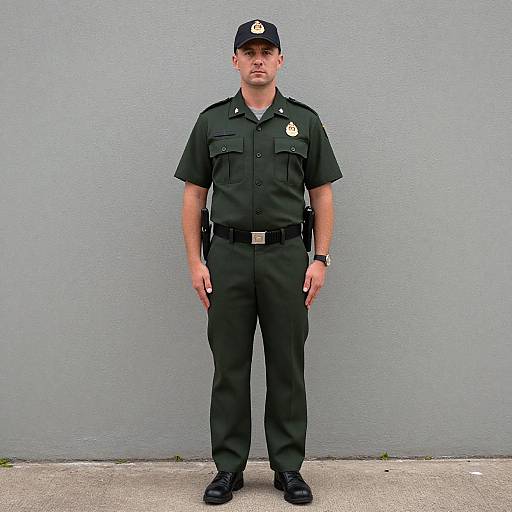Photograph of a serious Caucasian male police officer standing against a gray wall, wearing a black uniform, cap, and black shoes.
