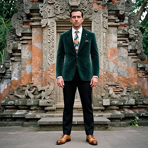 Photograph of a serious man in a dark green velvet blazer, colorful tie, and brown shoes, standing in front of an ornate, weather