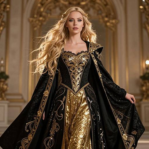 Regal Woman in Ornate Gold Costume
