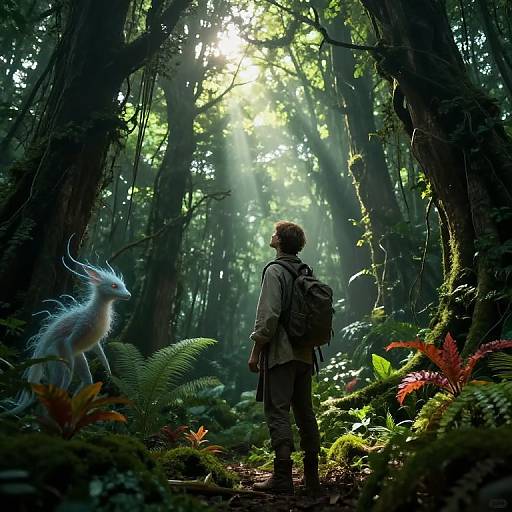Digital artwork of a person with a backpack, standing in a sunlit, dense forest, facing a floating, ethereal white creature among lush ferns