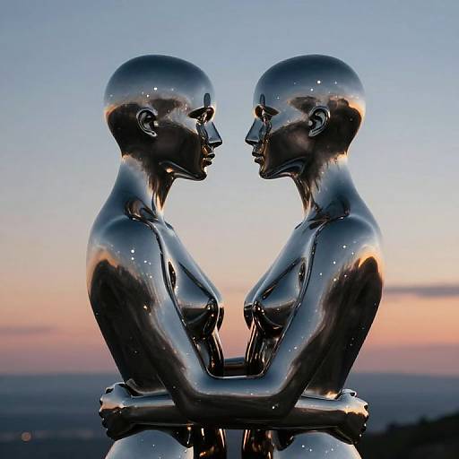 Photorealistic CGI of two reflective, silver, futuristic humanoid figures facing each other, arms around each other's waist, against a sunset sky.