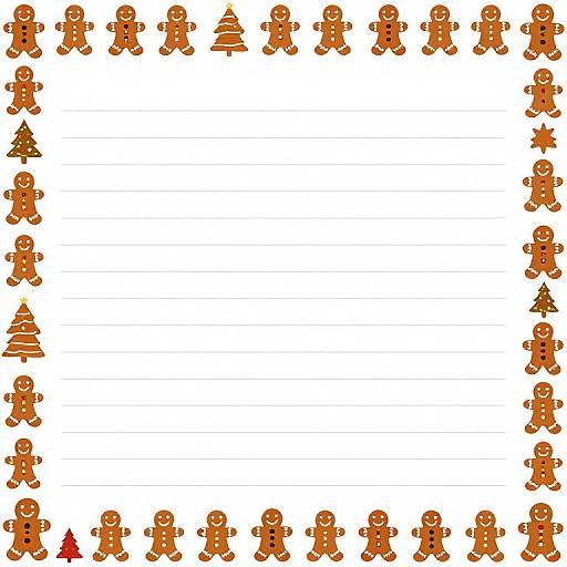 Digital illustration of a white, lined border framed by evenly spaced, decorated gingerbread men, including some with Christmas tree shapes.