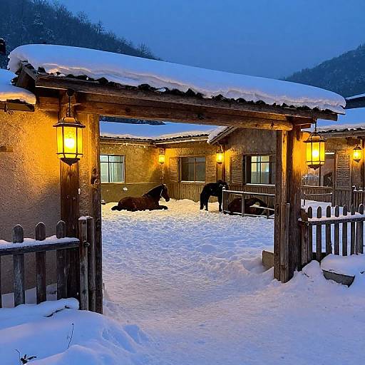 Photograph of a snowy, wooden cabin porch at twilight with warm yellow lanterns, two people in dark winter clothing, and a picket fence covered