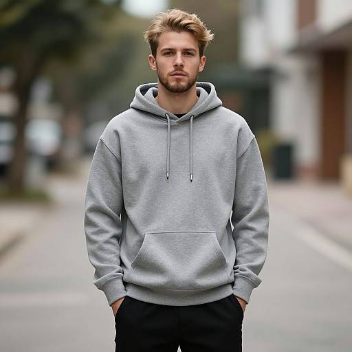 Photograph of a handsome young man with blond hair and beard, wearing a light gray hoodie and black pants, standing on a blurred urban street.