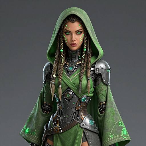 CGI fantasy character with green hood, braided hair, glowing green eyes, metallic armor, and green robes, standing against a gradient gray background.