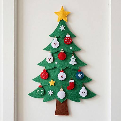 Handmade paper Christmas tree with green layers, yellow star, red and white ornaments, and smiley faces, displayed on white background.