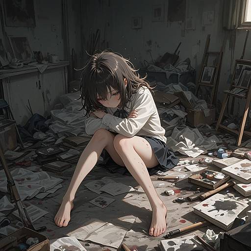 Sad Girl Sitting in Messy Art Studio