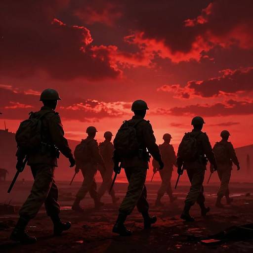 Silhouetted soldiers in camouflage gear march against a dramatic red and black sunset sky, holding rifles, with dark clouds overhead.