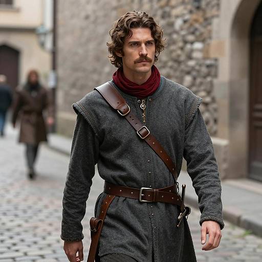 Medieval Man in Gray Tunic and Brown Leather Harness