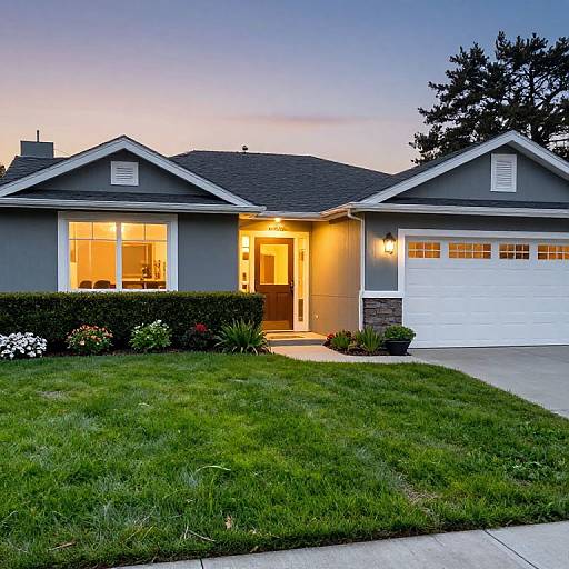 Photograph of a suburban, gray-shingle house at dusk, illuminated by warm yellow lights, with a well-manicured lawn and white garage door
