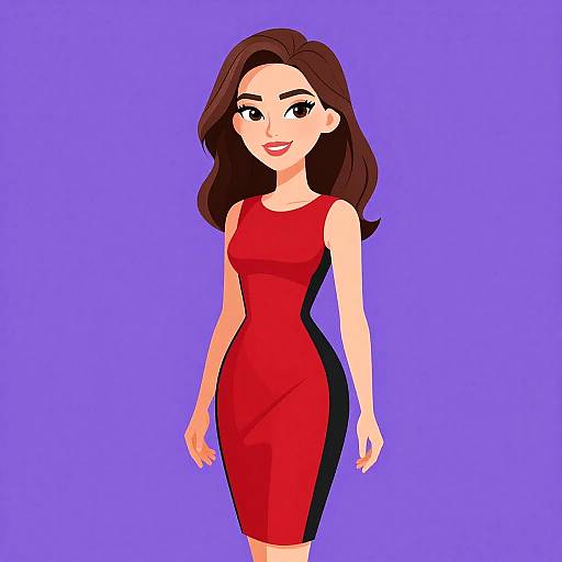 Digital illustration of a smiling woman with long brown hair, wearing a form-fitting red dress, standing against a solid purple background.