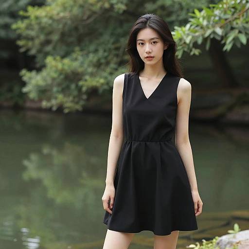 Photograph of an Asian woman with long black hair, wearing a sleeveless black dress, standing by a tranquil forested pond.