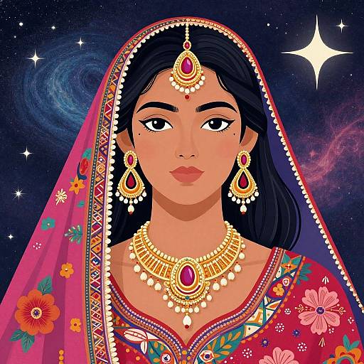 Digital illustration of a South Asian bride with dark hair, adorned in a red floral sari, gold jewelry, and a headpiece, set against a