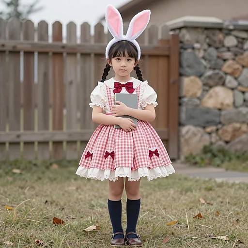 Young Girl in Bunny Costume Holding Book Outdoors