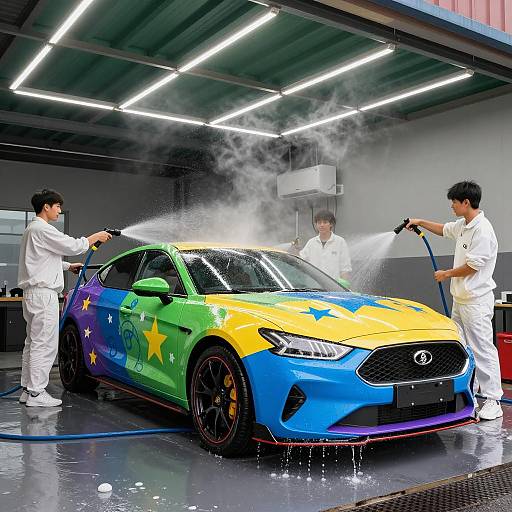 Vibrant Star-Patterned Car Wash Scene